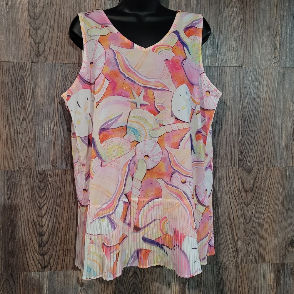 Ellen Negley Art & Sol Crepe Blouse Sz L Colorful Seashells Beachy Pleated Hem